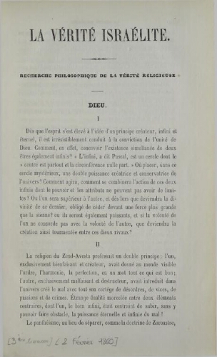 La verité Israélite V01 N°03 (02/02/1860)